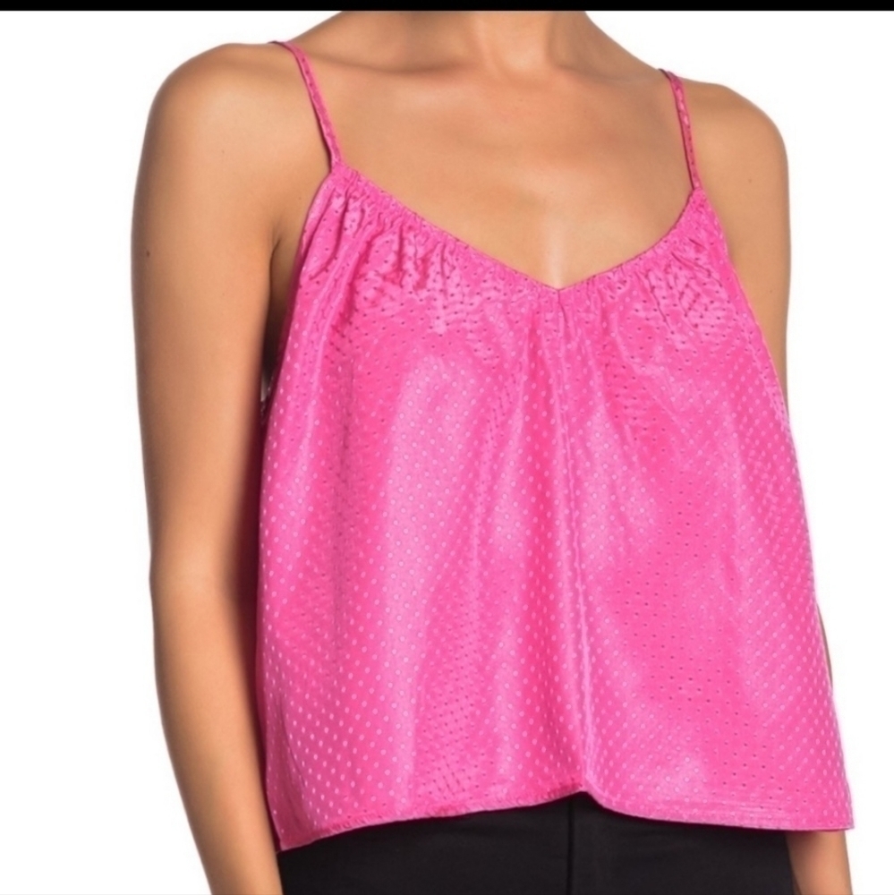 Y2K Hot Pink Charmeuse Spaghetti Straps Swiss Dot Babydoll Cropped Tank Top Sz.M